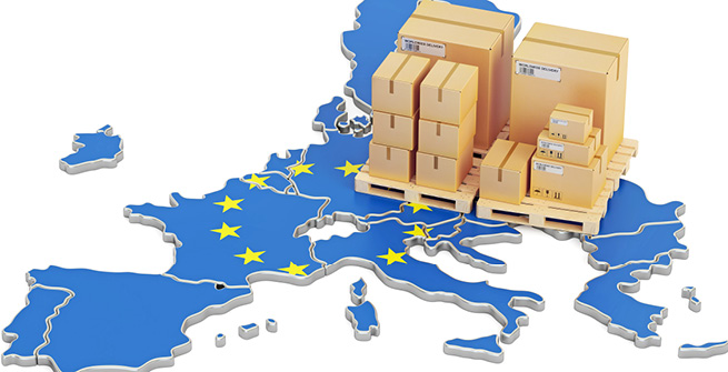 Palette mit Kartons auf EU-Karte