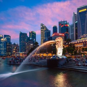 Skyline von Singapur mit Merlion Statue